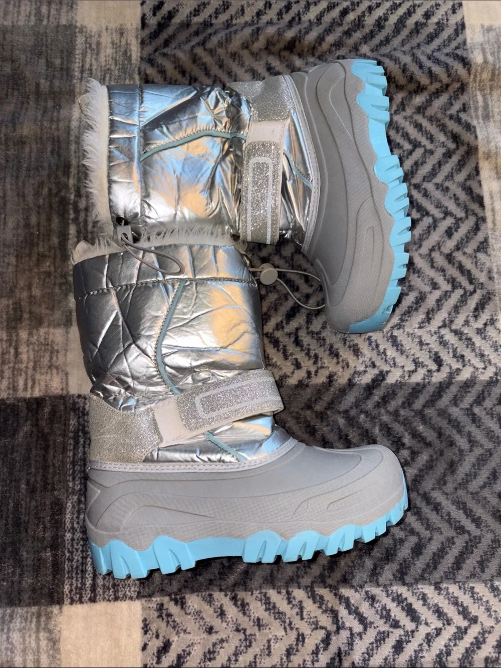 Kids Silver and Light Blue Insulated Snow Boots with Faux-Fur Cuff